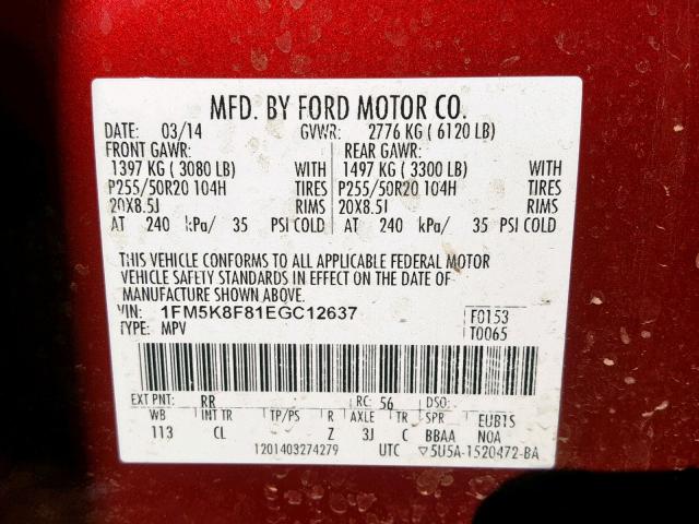 1FM5K8F81EGC12637 - 2014 FORD EXPLORER L RED photo 10