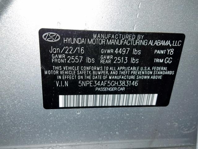 5NPE34AF5GH383146 - 2016 HYUNDAI SONATA SPO SILVER photo 10