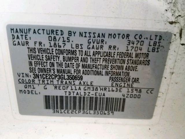 3N1CE2CP3GL350659 - 2016 NISSAN VERSA NOTE TWO TONE photo 10