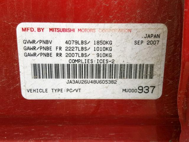 JA3AU26U48U605382 - 2008 MITSUBISHI LANCER ES RED photo 10