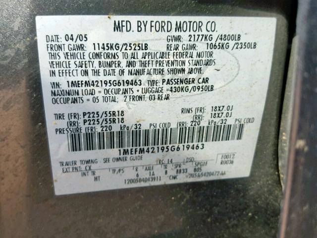 1MEFM42195G619463 - 2005 MERCURY MONTEGO PR GRAY photo 10