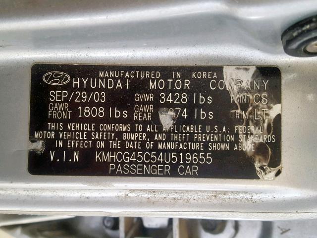 KMHCG45C54U519655 - 2004 HYUNDAI ACCENT GL SILVER photo 10