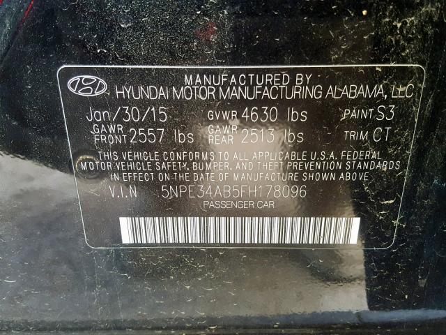 5NPE34AB5FH178096 - 2015 HYUNDAI SONATA SPO BLACK photo 10