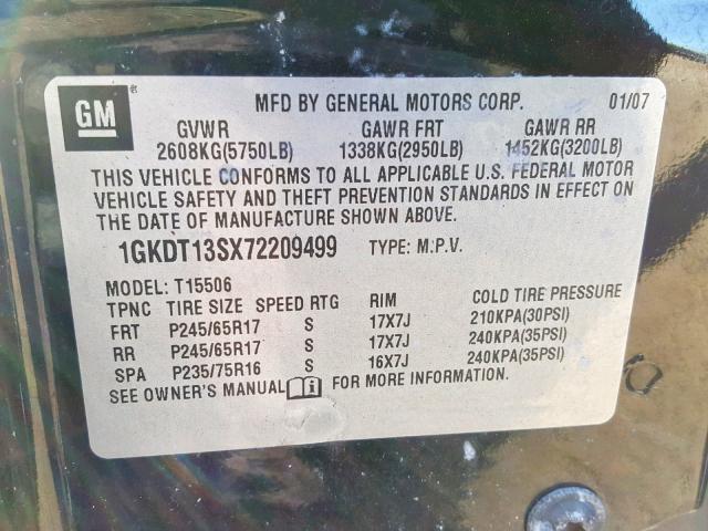 1GKDT13SX72209499 - 2007 GMC ENVOY BLACK photo 10