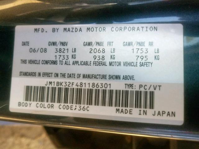 JM1BK32F481186301 - 2008 MAZDA 3 I GRAY photo 10