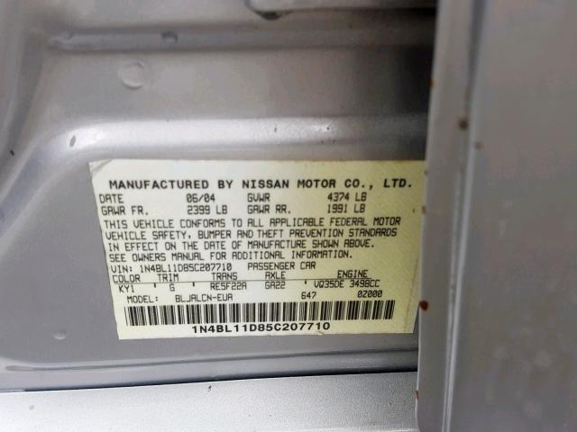 1N4BL11D85C207710 - 2005 NISSAN ALTIMA SE SILVER photo 10