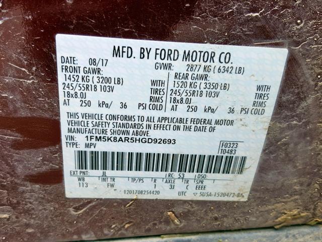 1FM5K8AR5HGD92693 - 2017 FORD EXPLORER P MAROON photo 10