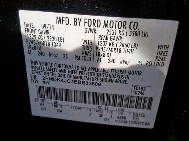 2FMDK4JC7EBB33609 - 2014 FORD EDGE SEL BLACK photo 10