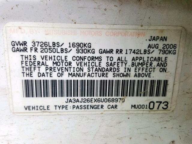 JA3AJ26EX6U068970 - 2006 MITSUBISHI LANCER ES WHITE photo 10