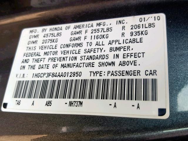 1HGCP3F84AA012950 - 2010 HONDA ACCORD EXL GRAY photo 10