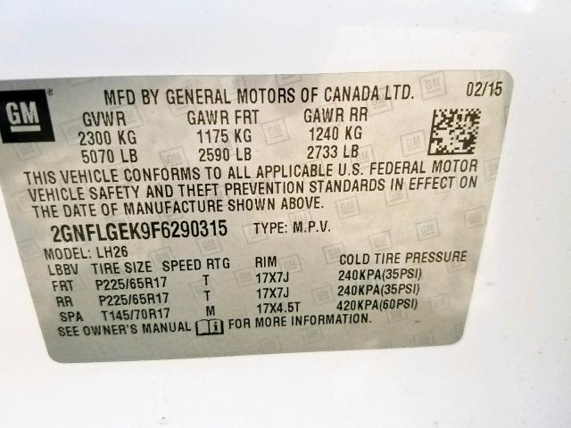 2GNFLGEK9F6290315 - 2015 CHEVROLET EQUINOX LT WHITE photo 10