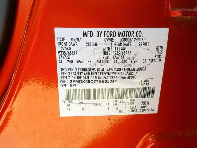 2FMDK38C77BB05344 - 2007 FORD EDGE SEL ORANGE photo 10