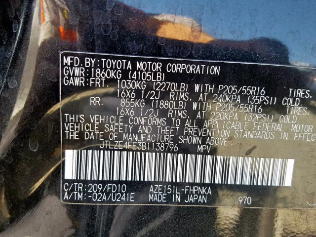 JTLZE4FE3B1138796 - 2011 TOYOTA SCION XB 黑色 照片 10