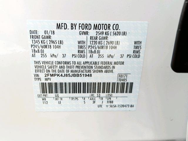 2FMPK4J85JBB51948 - 2018 FORD EDGE SEL WHITE photo 10