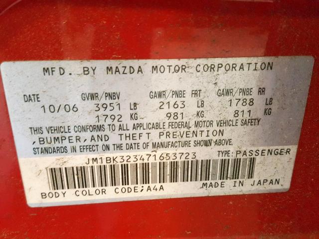 JM1BK323471653723 - 2007 MAZDA 3 S RED photo 10