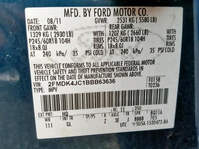 2FMDK4JC1BBB63636 - 2011 FORD EDGE SEL BLUE photo 10