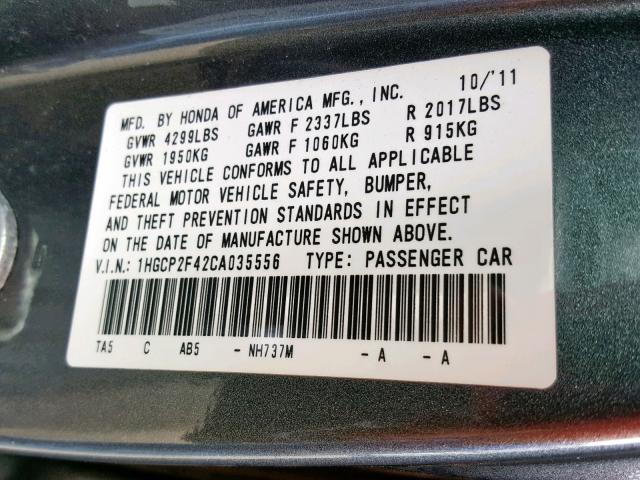 1HGCP2F42CA035556 - 2012 HONDA ACCORD LXP GRAY photo 10