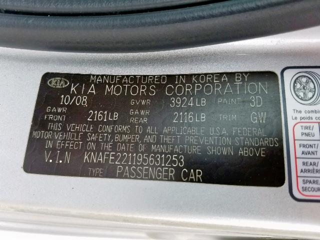 KNAFE221195631253 - 2009 KIA SPECTRA EX SILVER photo 10