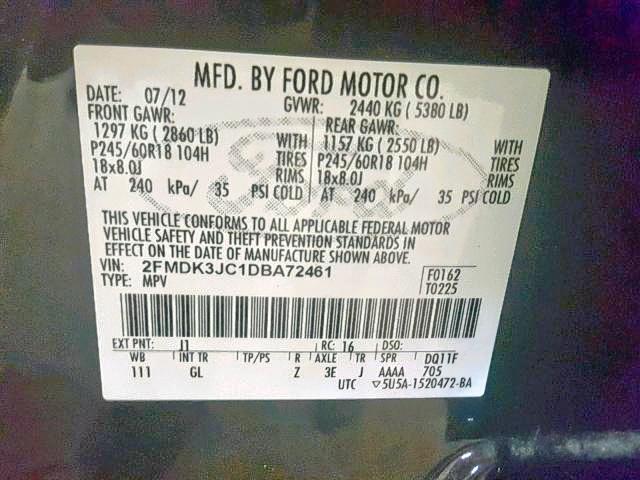 2FMDK3JC1DBA72461 - 2013 FORD EDGE SEL BLACK photo 10