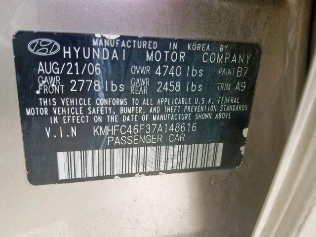 KMHFC46F37A148616 - 2007 HYUNDAI AZERA SE BEIGE photo 10