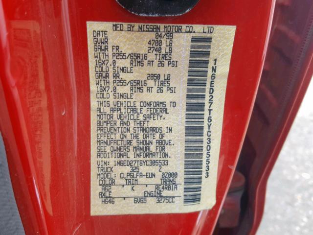 1N6ED27T6YC305533 - 2000 NISSAN FRONTIER C RED photo 10