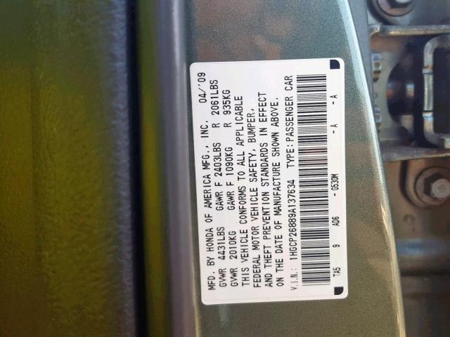 1HGCP26889A137634 - 2009 HONDA ACCORD EXL GREEN photo 10