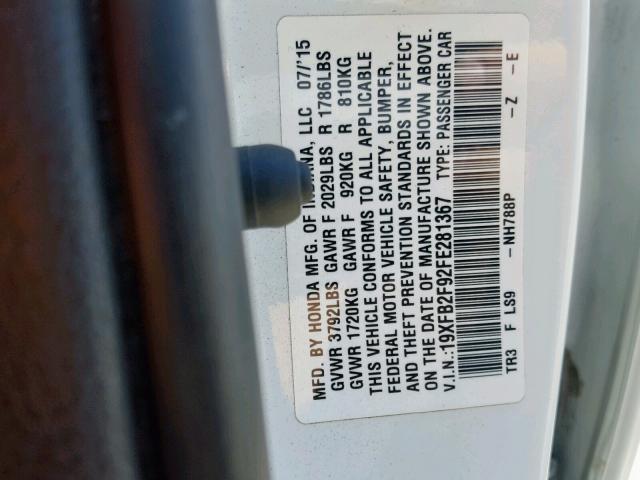 19XFB2F92FE281367 - 2015 HONDA CIVIC EXL Ağ foto 10