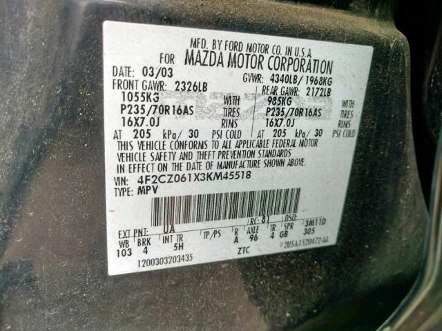 4F2CZ061X3KM45518 - 2003 MAZDA TRIBUTE ES 黑色 照片 10