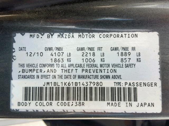 JM1BL1K61B1437980 - 2011 MAZDA 3 S CHARCOAL photo 10