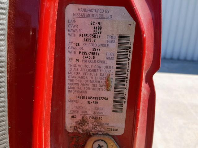 1N6SD11S5MC357758 - 1991 NISSAN TRUCK SHOR RED photo 10