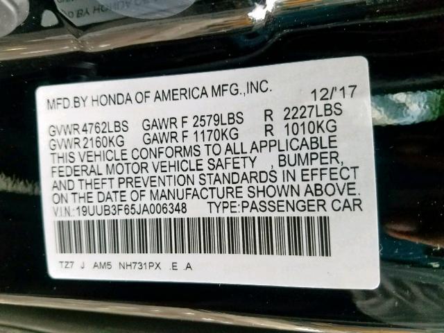 19UUB3F65JA006348 - 2018 ACURA TLX TECH+A BLACK photo 10