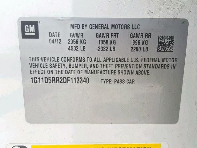 1G11D5RR2DF113340 - 2013 CHEVROLET MALIBU 1LT 白色 照片 10