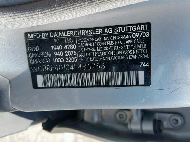 WDBRF40J04F486753 - 2004 MERCEDES-BENZ C 230K SPO SILVER photo 10