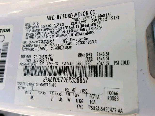 3FA6P0G79ER338857 - 2014 FORD FUSION S WHITE photo 10