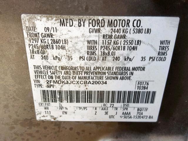 2FMDK3JCXCBA20034 - 2012 FORD EDGE SEL GRAY photo 10