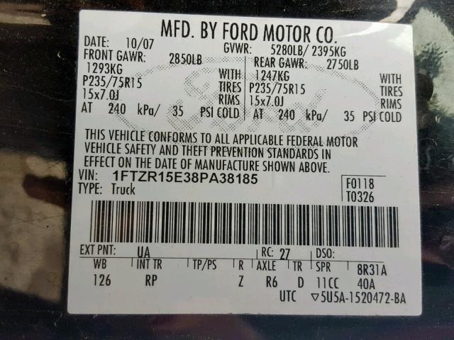 1FTZR15E38PA38185 - 2008 FORD RANGER SUP BLACK photo 10