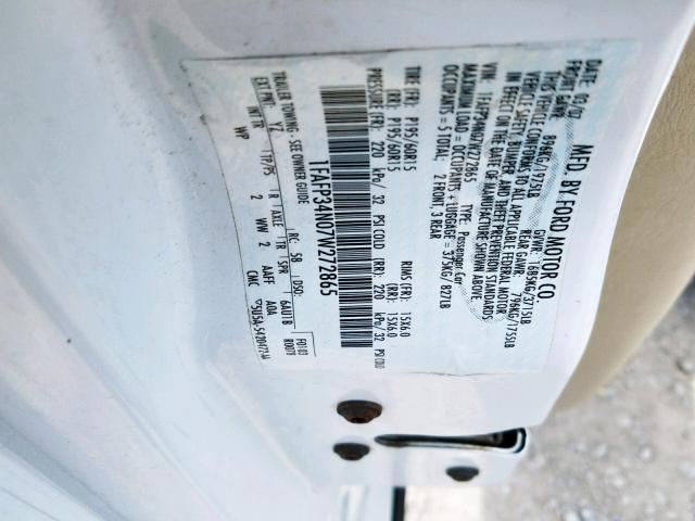 1FAFP34N07W272865 - 2007 FORD FOCUS ZX4 WHITE photo 10