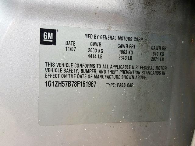 1G1ZH57B78F161967 - 2008 CHEVROLET MALIBU 1LT 银色 照片 10