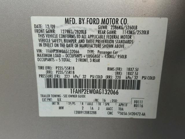 1FAHP2EW0AG132066 - 2010 FORD TAURUS SEL SILVER photo 10