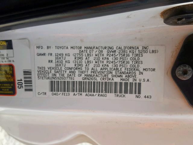 5TETU62N59Z607781 - 2009 TOYOTA TACOMA PRE WHITE photo 10