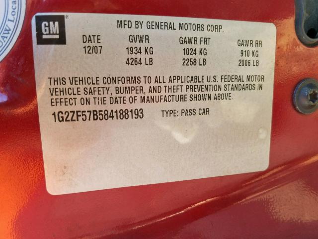 1G2ZF57B584188193 - 2008 PONTIAC G6 VALUE L RED photo 10