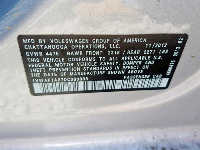 1VWAP7A37DC063888 - 2013 VOLKSWAGEN PASSAT S SILVER photo 10