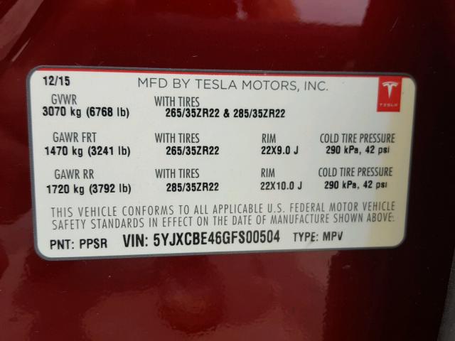 5YJXCBE46GFS00504 - 2016 TESLA MODEL X RED photo 10