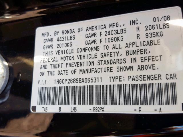 1HGCP26898A065311 - 2008 HONDA ACCORD EXL BLACK photo 10