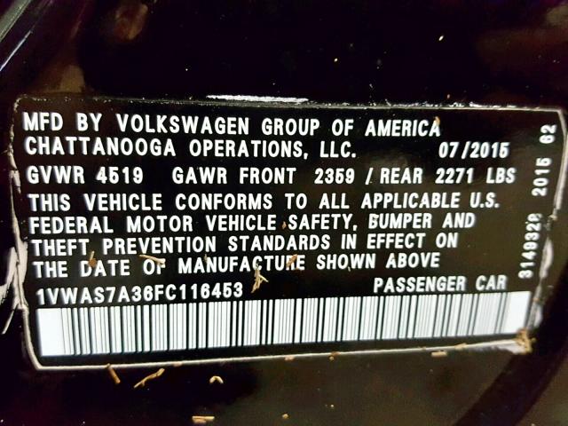 1VWAS7A36FC116453 - 2015 VOLKSWAGEN PASSAT S BLACK photo 10