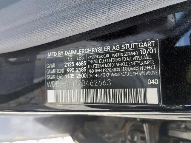 WDBJF65J32B462663 - 2002 MERCEDES-BENZ E 320 BLACK photo 10