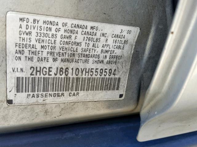 2HGEJ6610YH559594 - 2000 HONDA CIVIC BASE SILVER photo 10