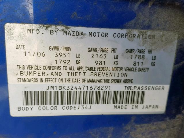 JM1BK324471678291 - 2007 MAZDA 3 S BLUE photo 10