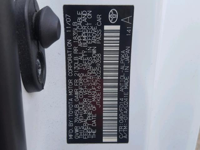 JTKDE167780259358 - 2008 TOYOTA SCION TC Ağ foto 10