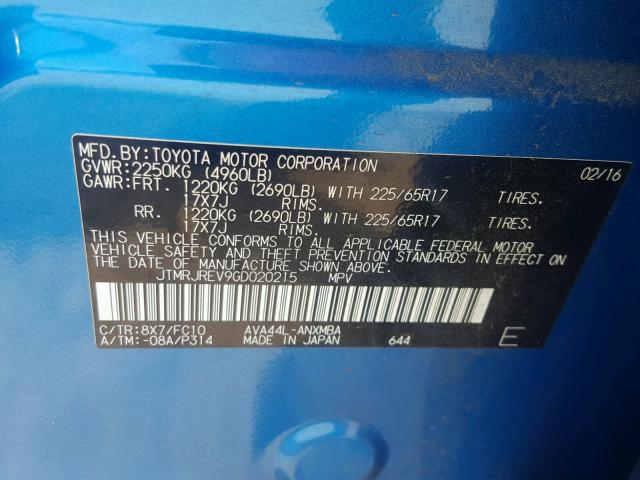 JTMRJREV9GD020215 - 2016 TOYOTA RAV4 HV XL BLUE photo 10